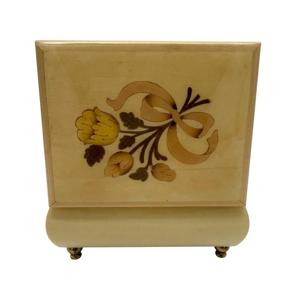 Vintage Italian Inlaid Wood Music Box Floral Marquetry 4.5x3.5